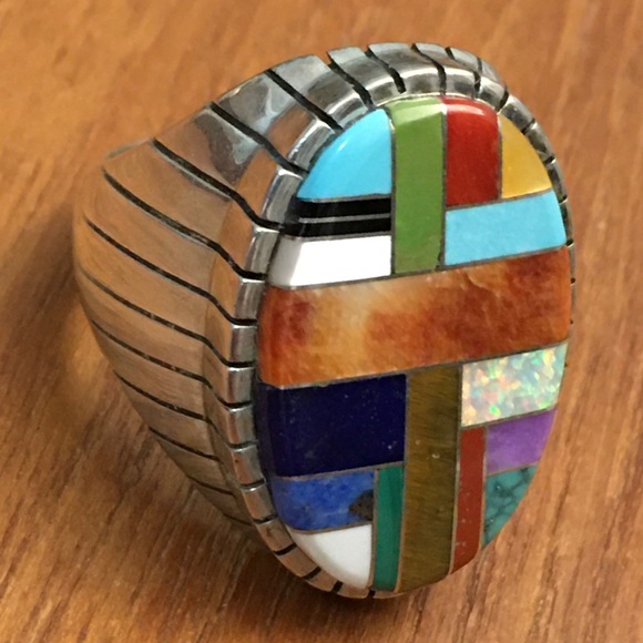 inlay | Accessories | Native Silver Stone Inlay Ring Patchwork Mosaic ...